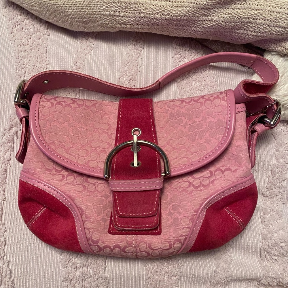 Pink purse with suede. Bought at a thrift shop